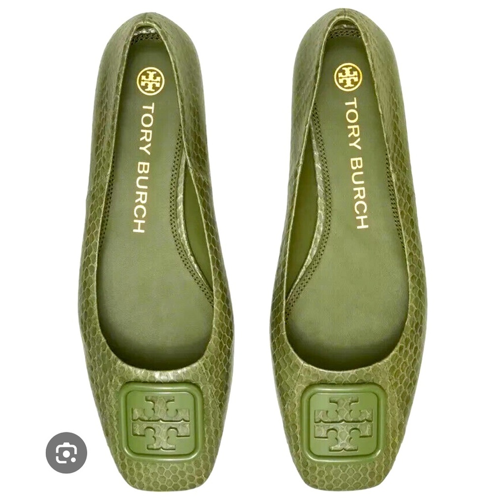 Tory Burch Green  Olive Georgia Snake Square Toe Ballet Flats Size 10M
